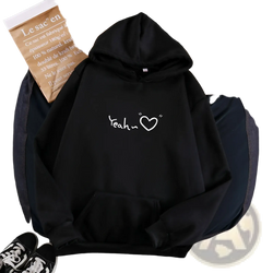 Black fleece lined insulated hooded sweatshirt with white yeah heart graphic printed on the front