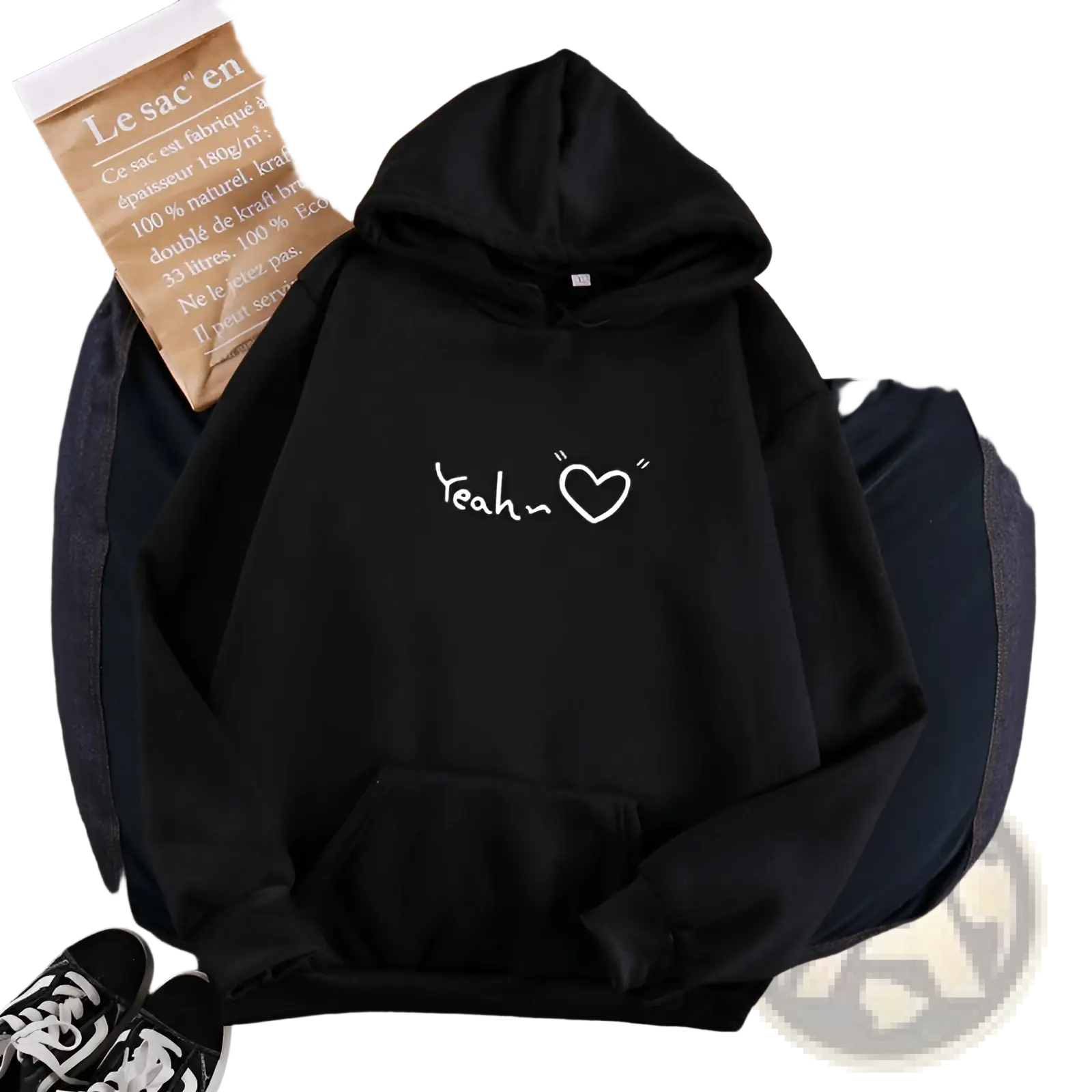 Black fleece lined insulated hooded sweatshirt with white yeah heart graphic printed on the front