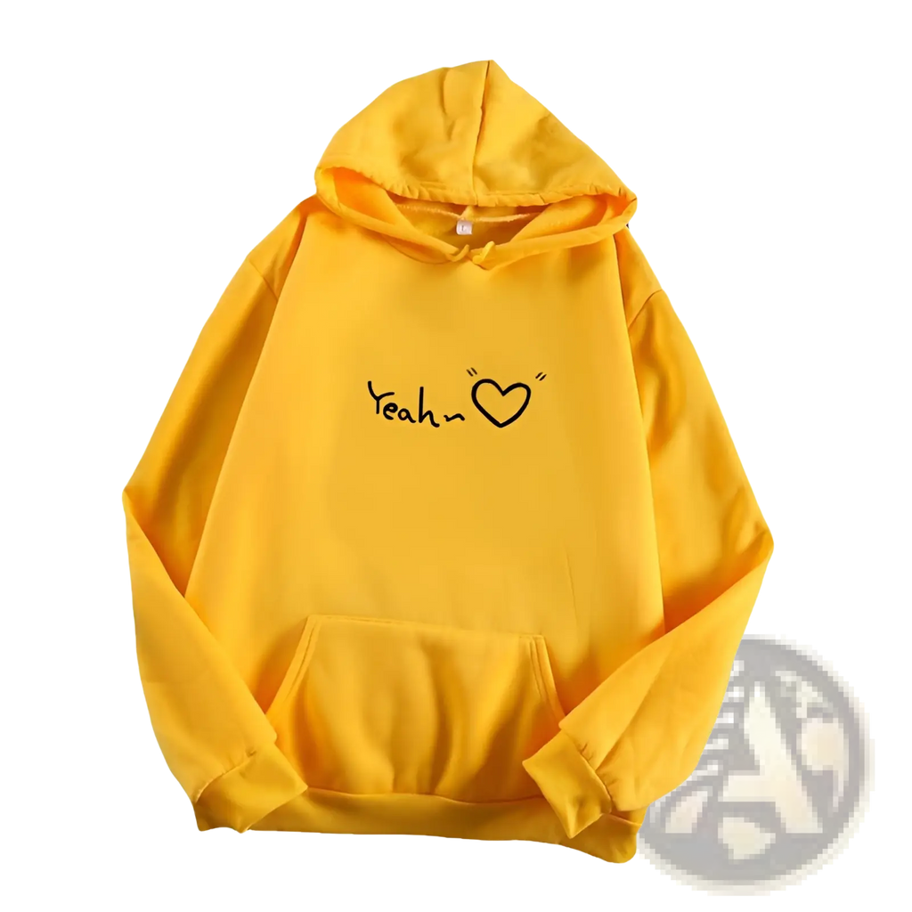 Bright yellow fleece lined insulated hooded sweatshirt with black yeah heart graphic on the chest