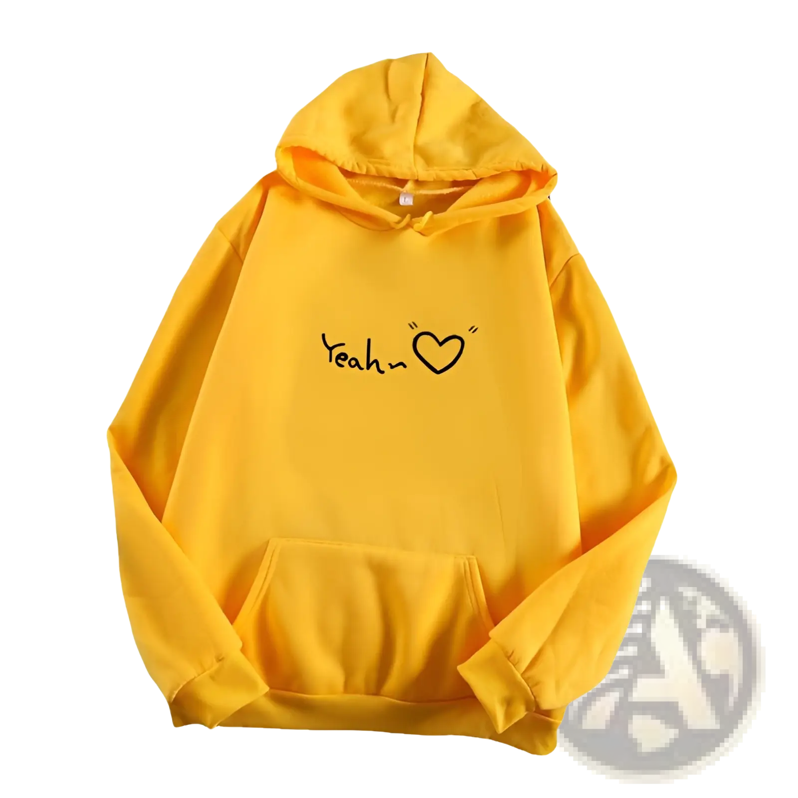 Bright yellow fleece lined insulated hooded sweatshirt with black yeah heart graphic on the chest