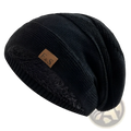Fleece lined knitted beanie cap in black with a fuzzy interior and brown leather patch featuring the f&s logo
