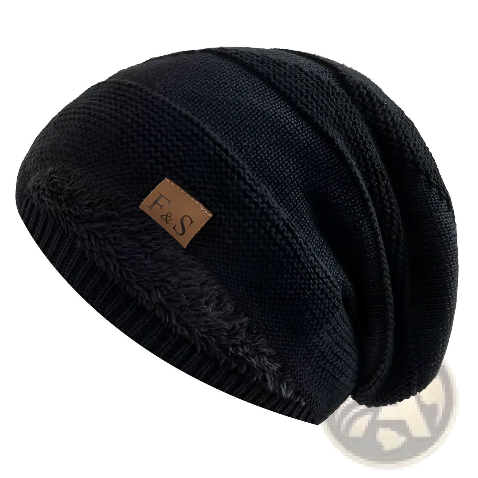 Fleece lined knitted beanie cap in black with a fuzzy interior and brown leather patch featuring the f&s logo