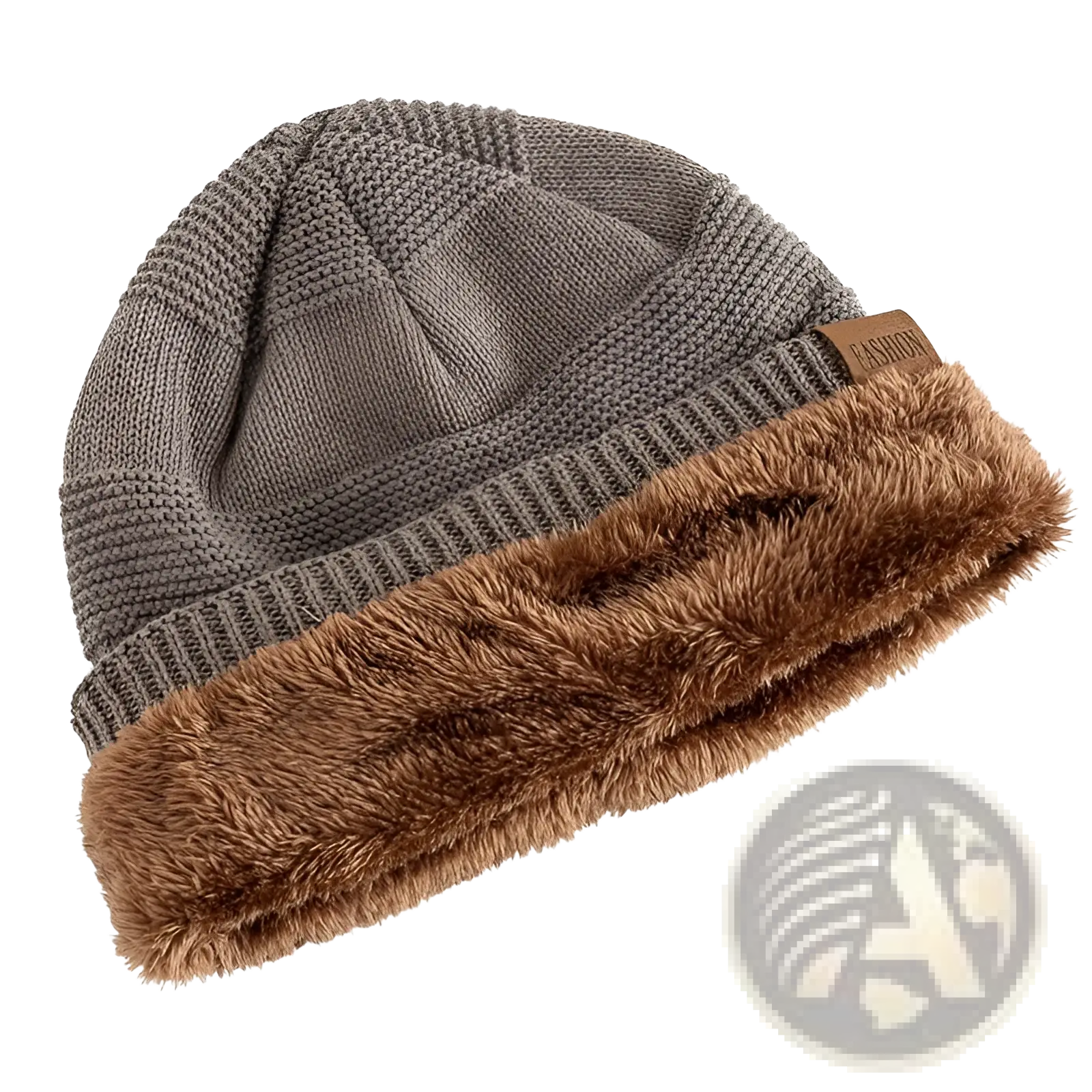 Fleece lined knitted beanie cap in gray knit with plush brown faux fur trim and small leather tag for warmth and style