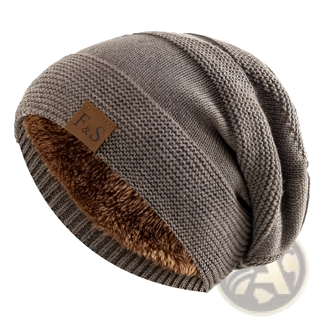 A cozy gray fleece lined knitted beanie cap with plush brown fleece and a leather f&s logo patch