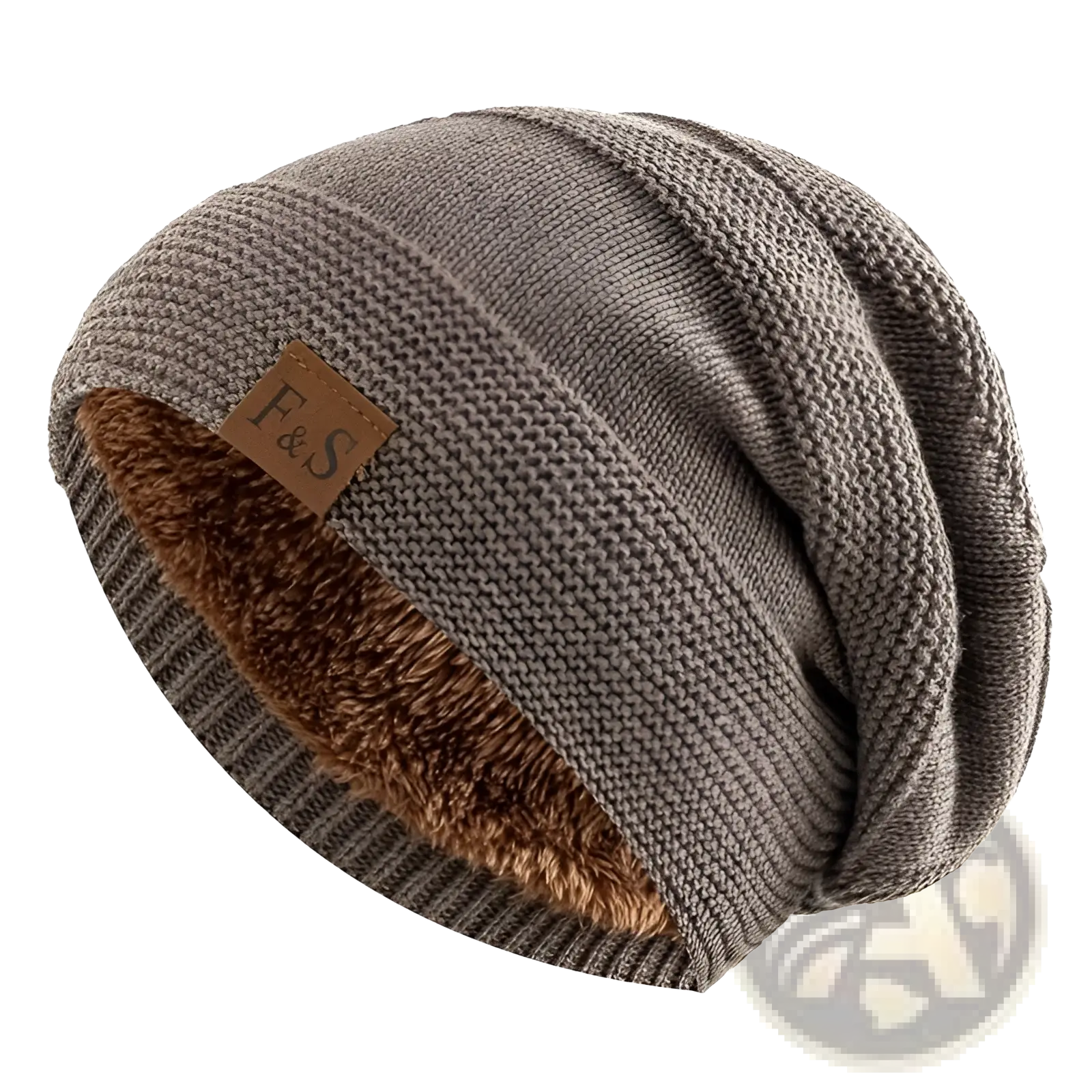 A cozy gray fleece lined knitted beanie cap with plush brown fleece and a leather f&s logo patch