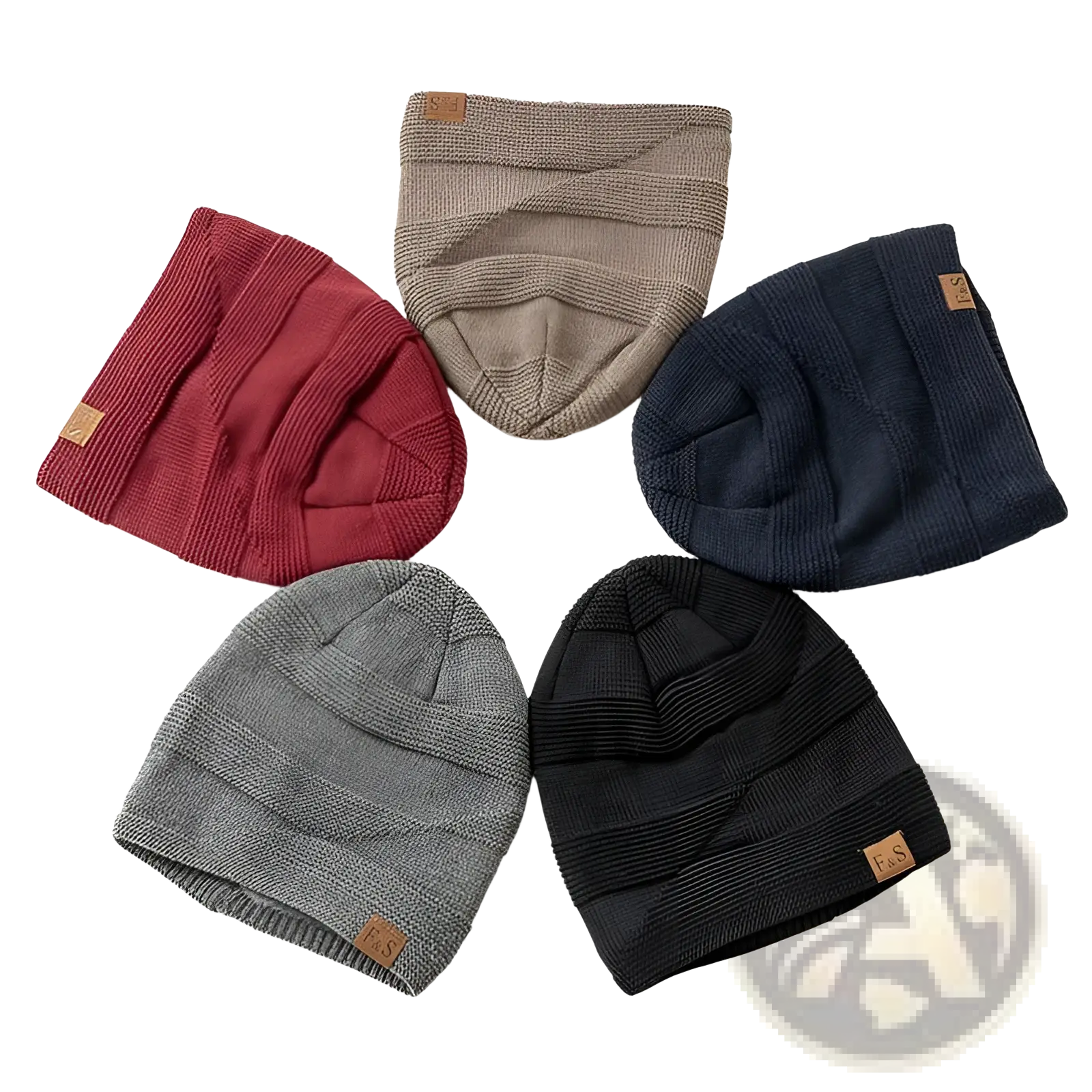Five fleece lined knitted beanie caps in maroon beige navy blue gray and black with ribbed texture and leather patch