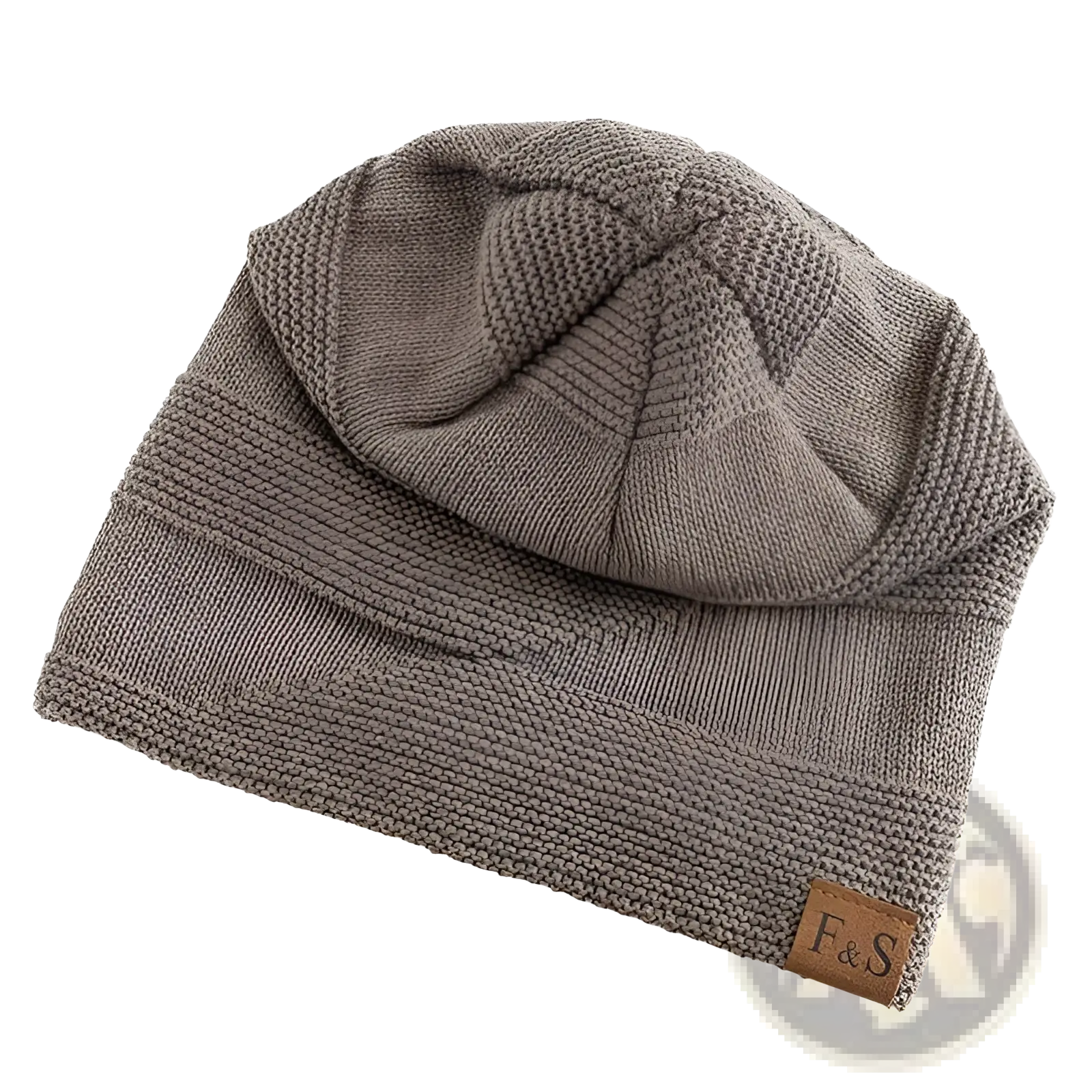 Taupe fleece lined knitted beanie cap with ribbed brim textured crown and small brown leather patch on the side