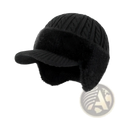 Black fleece lined knitted beanie with brim and fuzzy ear flaps made of warm knit material for cold weather use