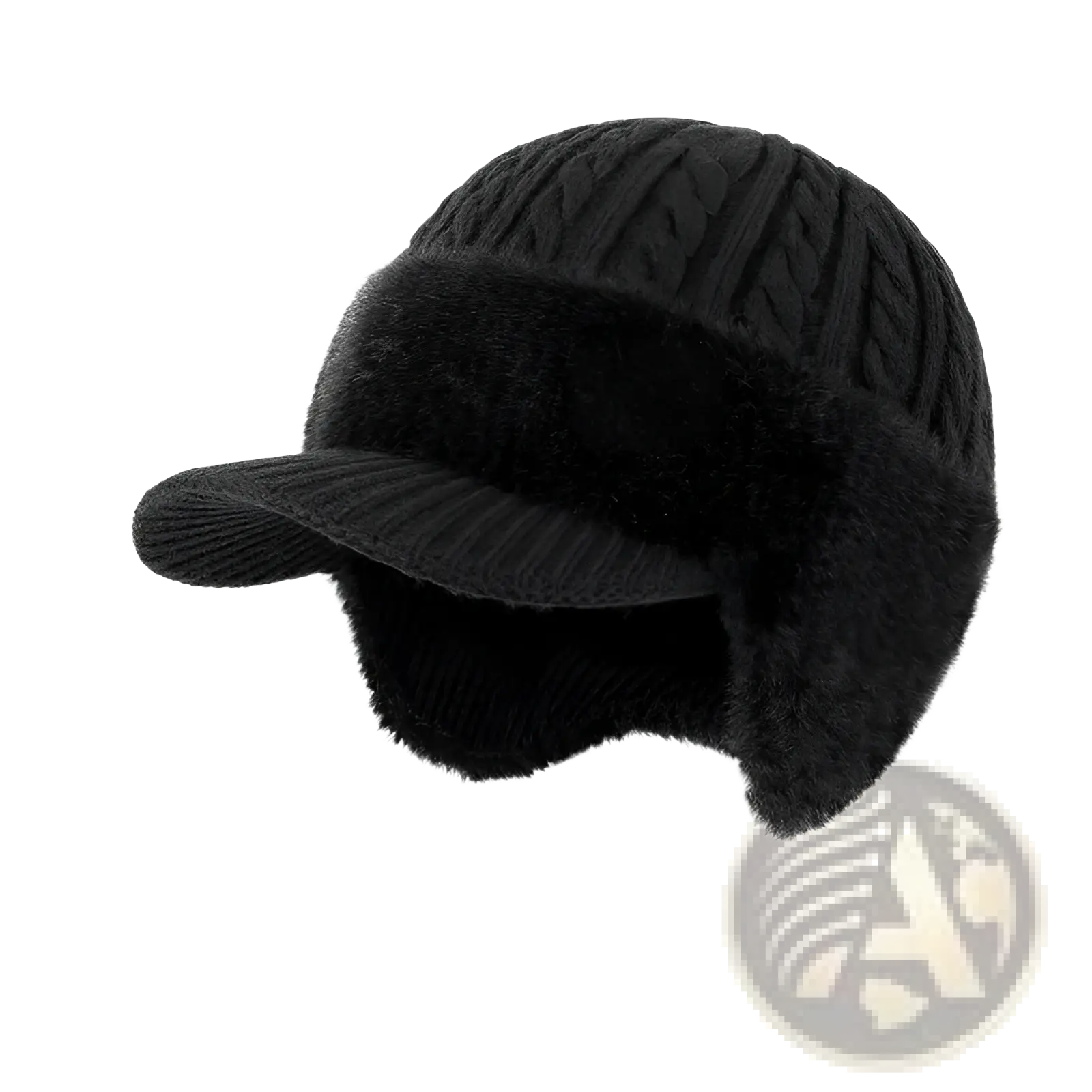 Black fleece lined knitted beanie with brim and fuzzy ear flaps made of warm knit material for cold weather use