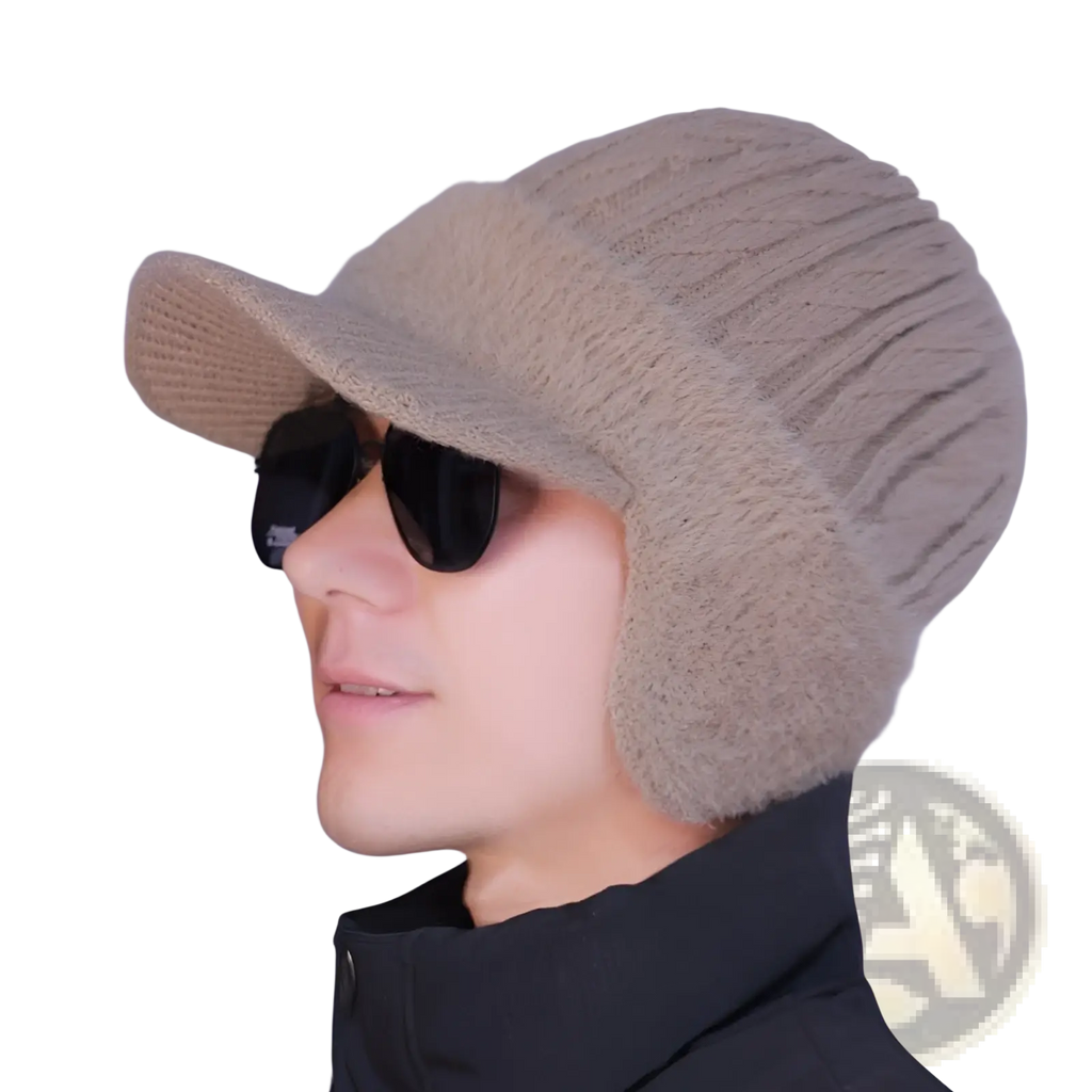 Beige fleece lined knitted beanie with ear flaps and brim designed for winter warmth and comfort