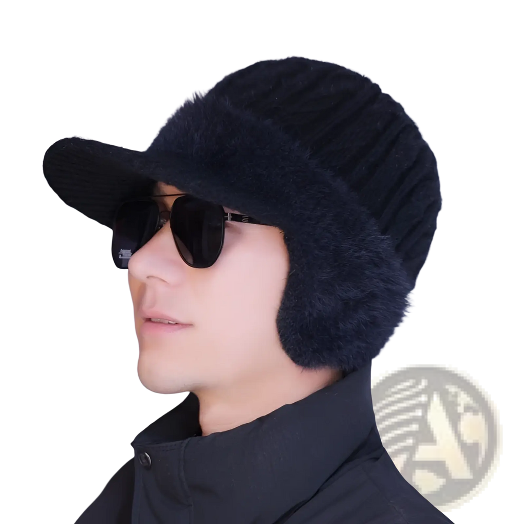 Black knitted winter hat with fleece lining ear flaps and faux fur trim for cold weather protection