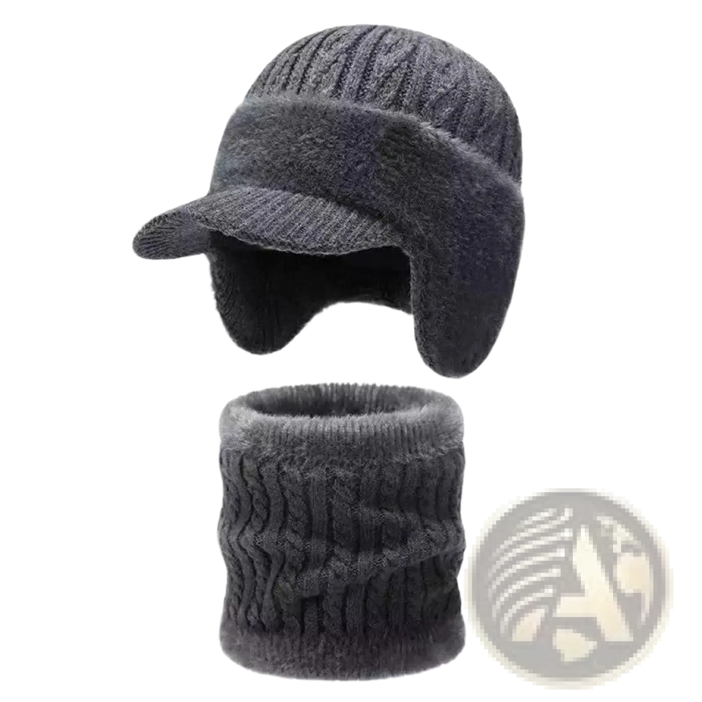 Dark gray fleece lined knitted beanie with ear flaps and short brim paired with matching ribbed scarf