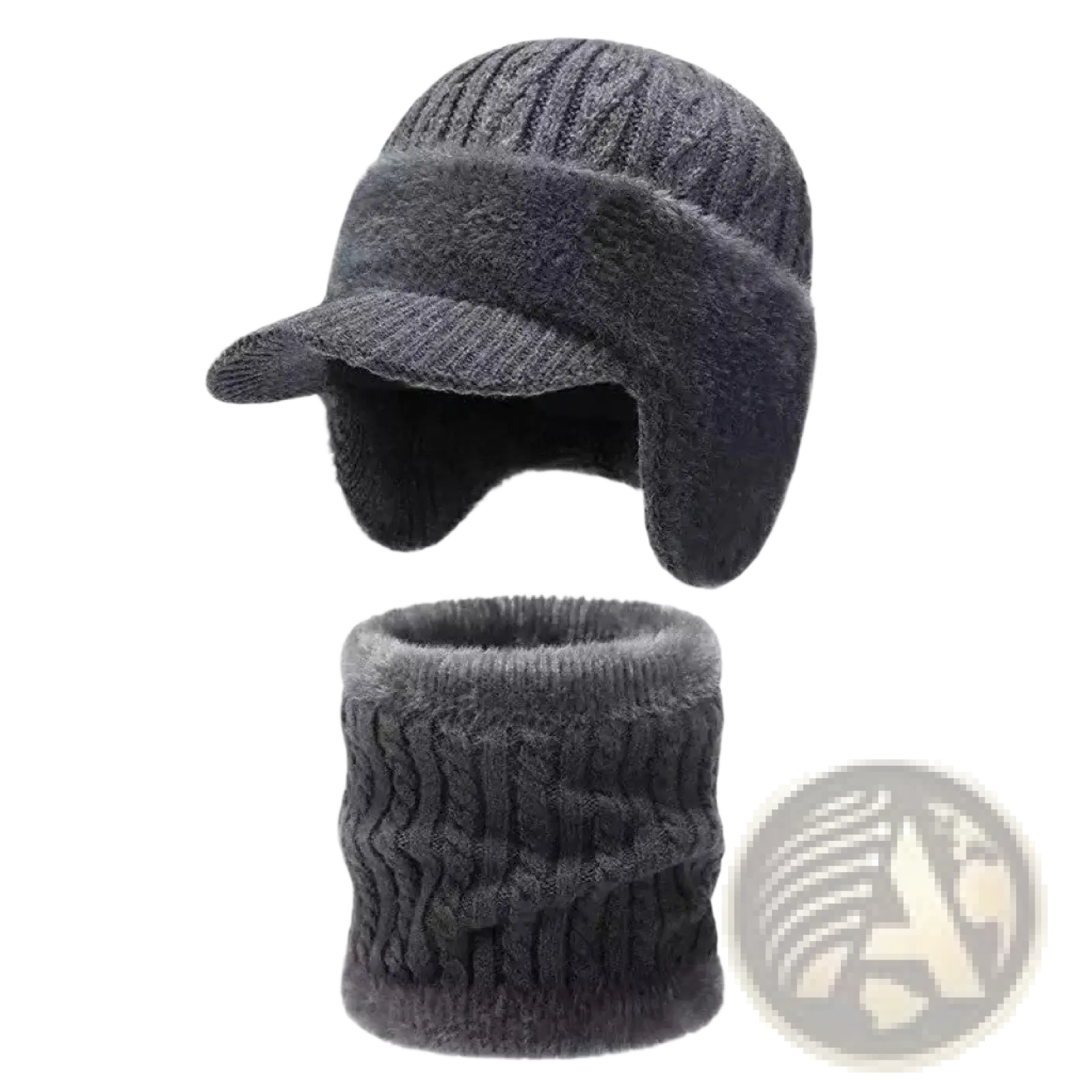Dark gray fleece lined knitted beanie with ear flaps and short brim paired with matching ribbed scarf