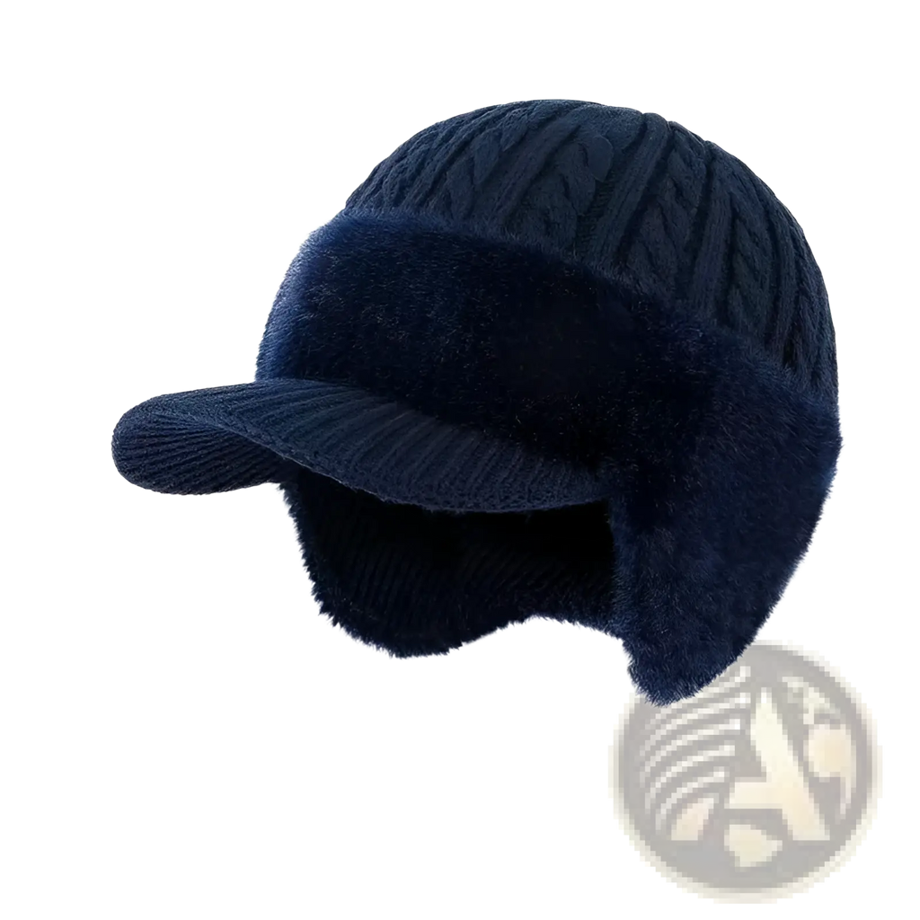Navy blue fleece lined knitted beanie with ear flaps featuring a warm fleece brim for cold weather