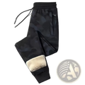 Fleece lined mens winter jogger pants in black camouflage with fleece cuffs and a drawstring waistband