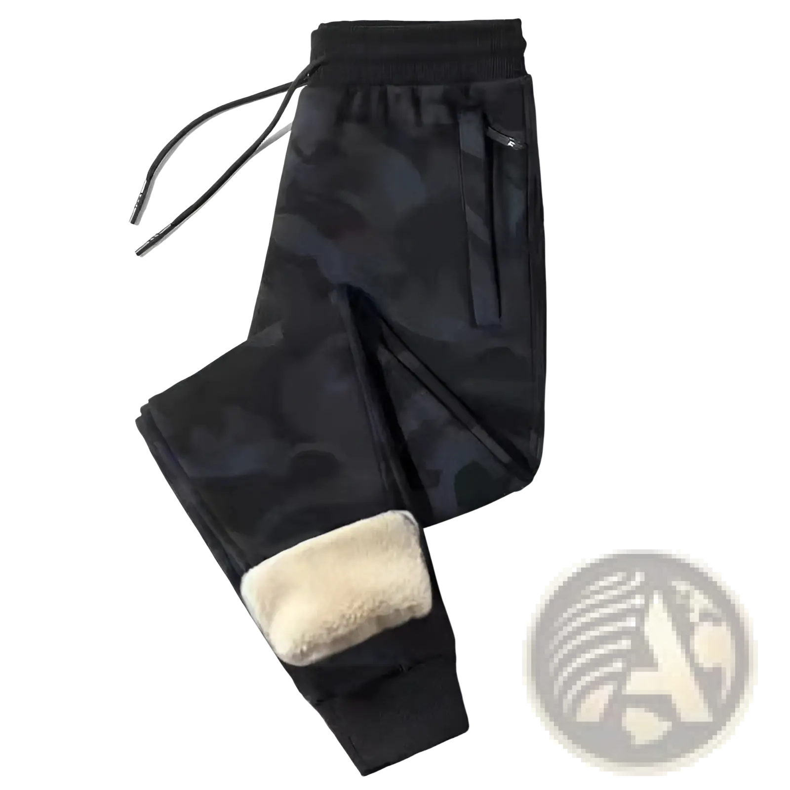 Fleece lined mens winter jogger pants in black camouflage with fleece cuffs and a drawstring waistband