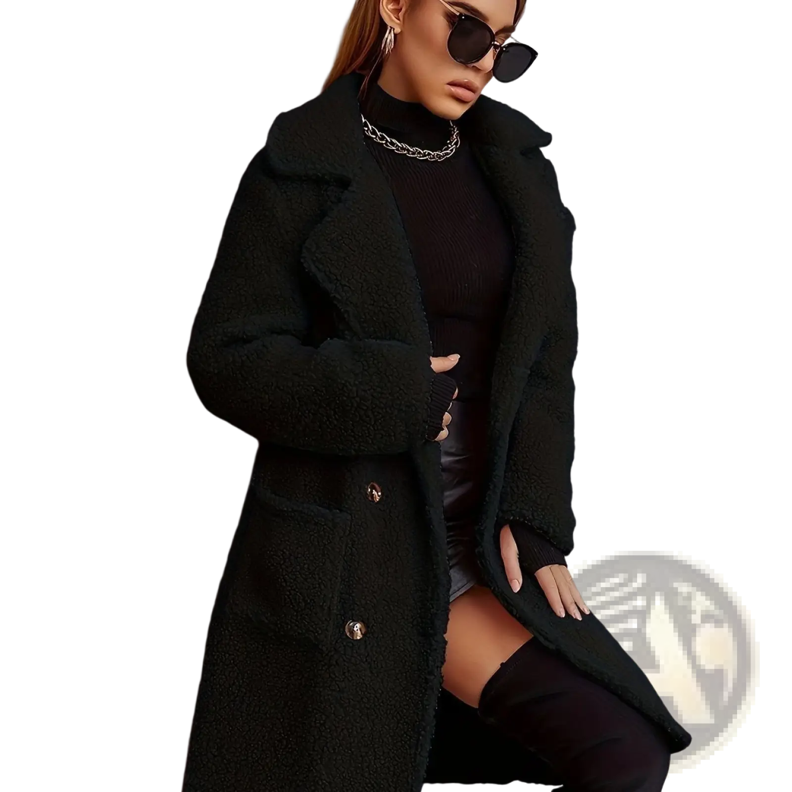 Black fleece lined mid length teddy coat with gold toned buttons and shearling material for warmth and style