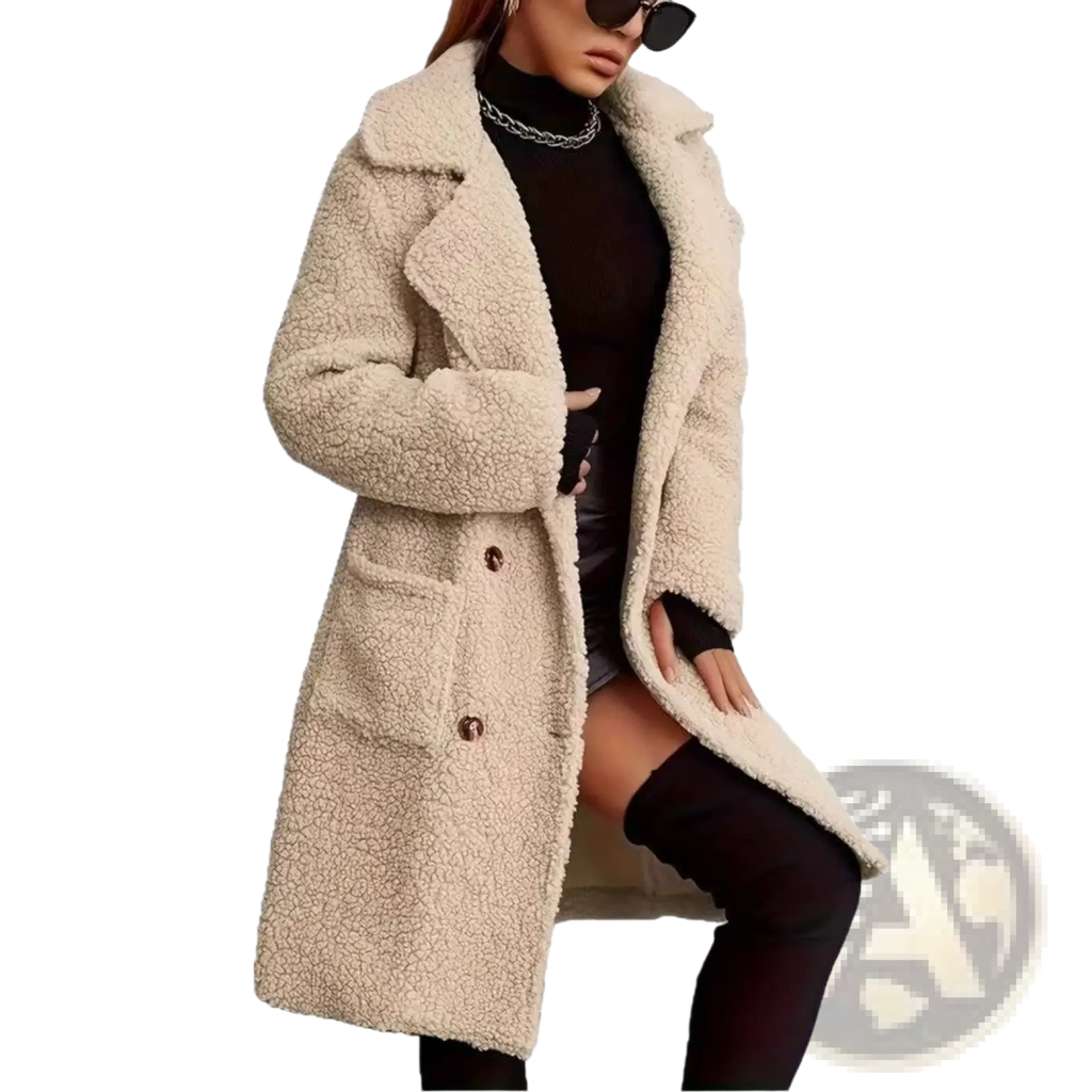 Beige fleece lined mid length teddy coat with a cozy faux fur textured exterior and classic double breasted design