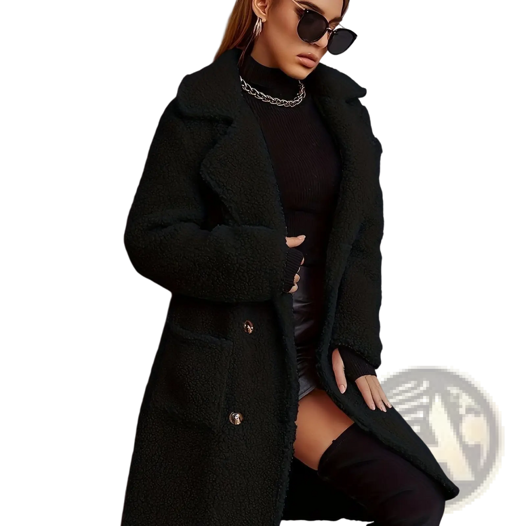Black mid length teddy coat with fleece lining shearling texture and gold toned buttons for warmth and style