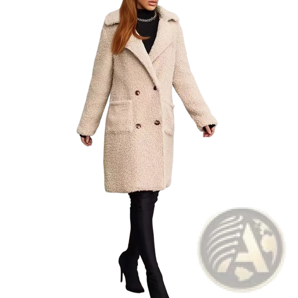 Cream-colored fleece lined mid length teddy coat with plush texture and double-breasted button closures