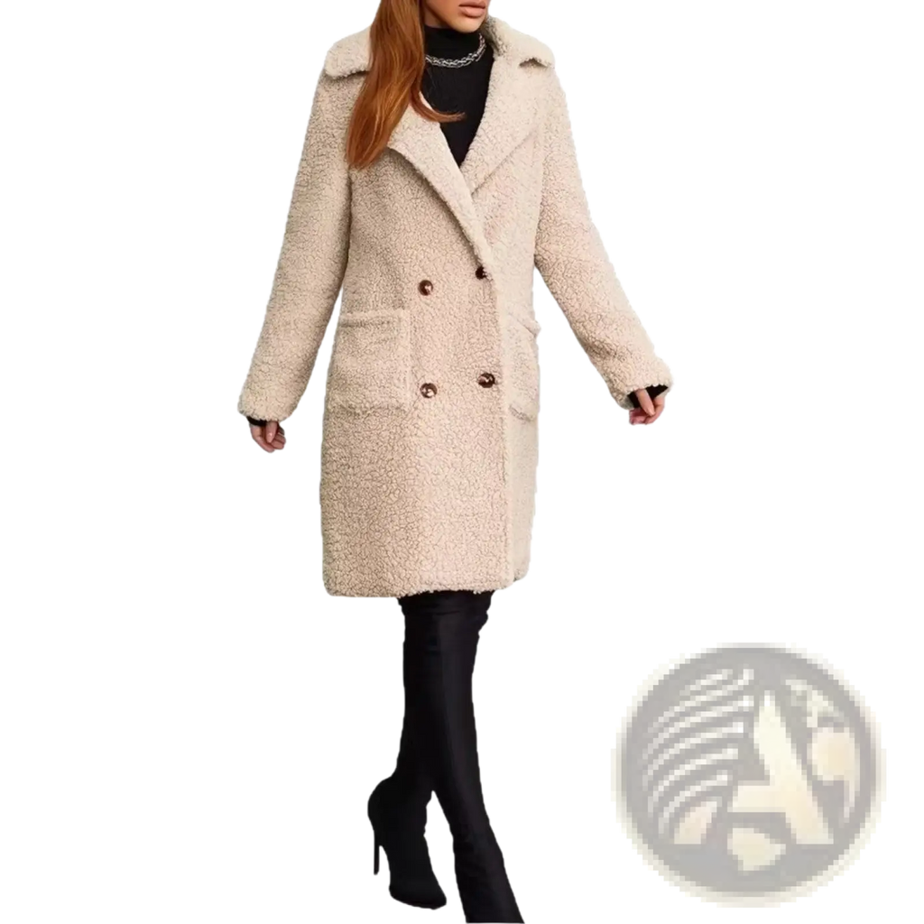 Cream-colored plush faux fur fleece lined mid length teddy coat with double-breasted brown buttons and cozy collar