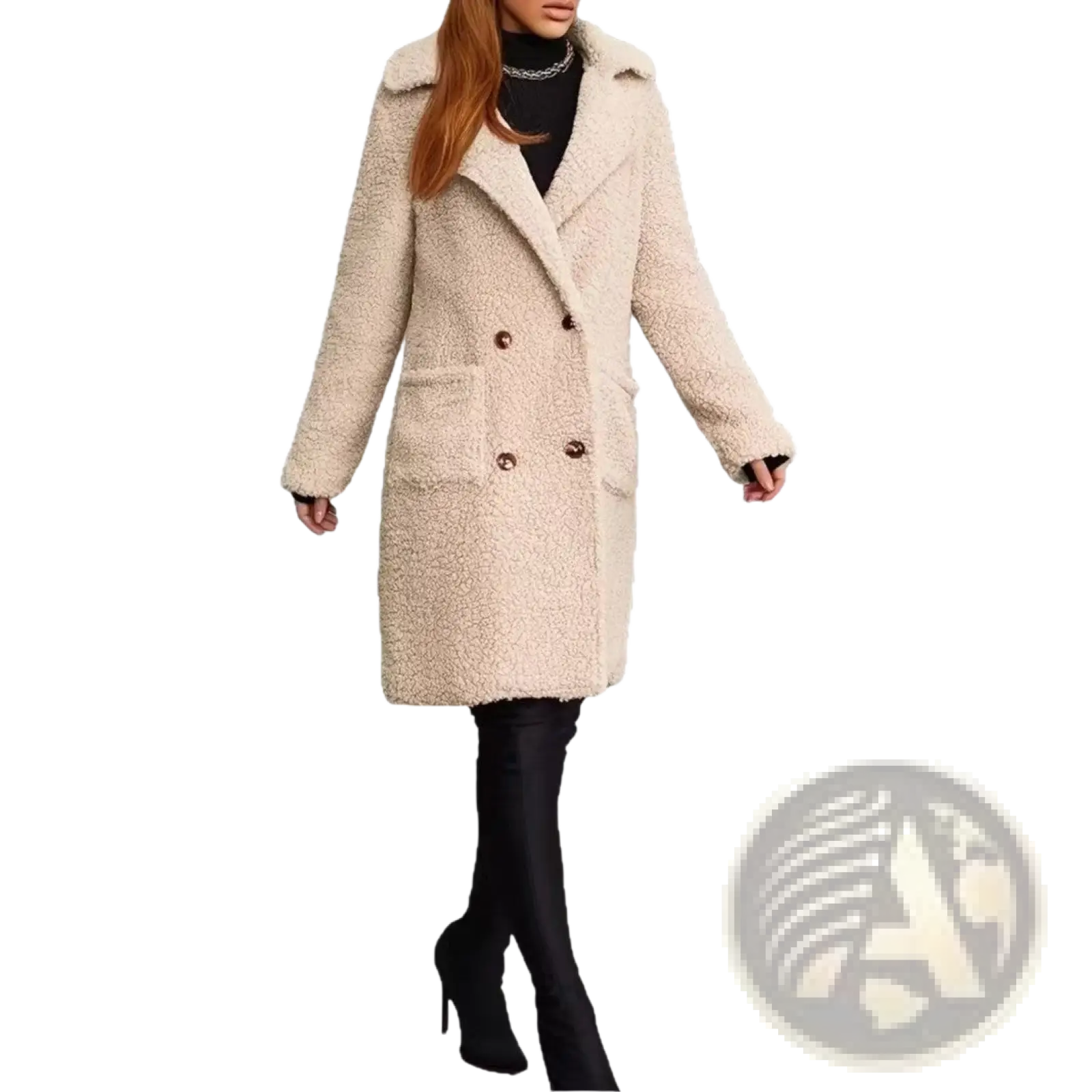 Cream-colored plush faux fur fleece lined mid length teddy coat with double-breasted brown buttons and cozy collar