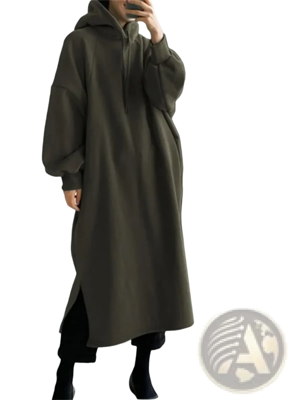 Olive green fleece lined oversized hoodie dress with relaxed fit and side slit for comfortable casual wear
