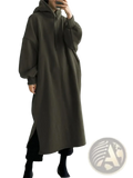 Olive green fleece lined oversized hoodie dress with relaxed fit and side slit for comfortable casual wear