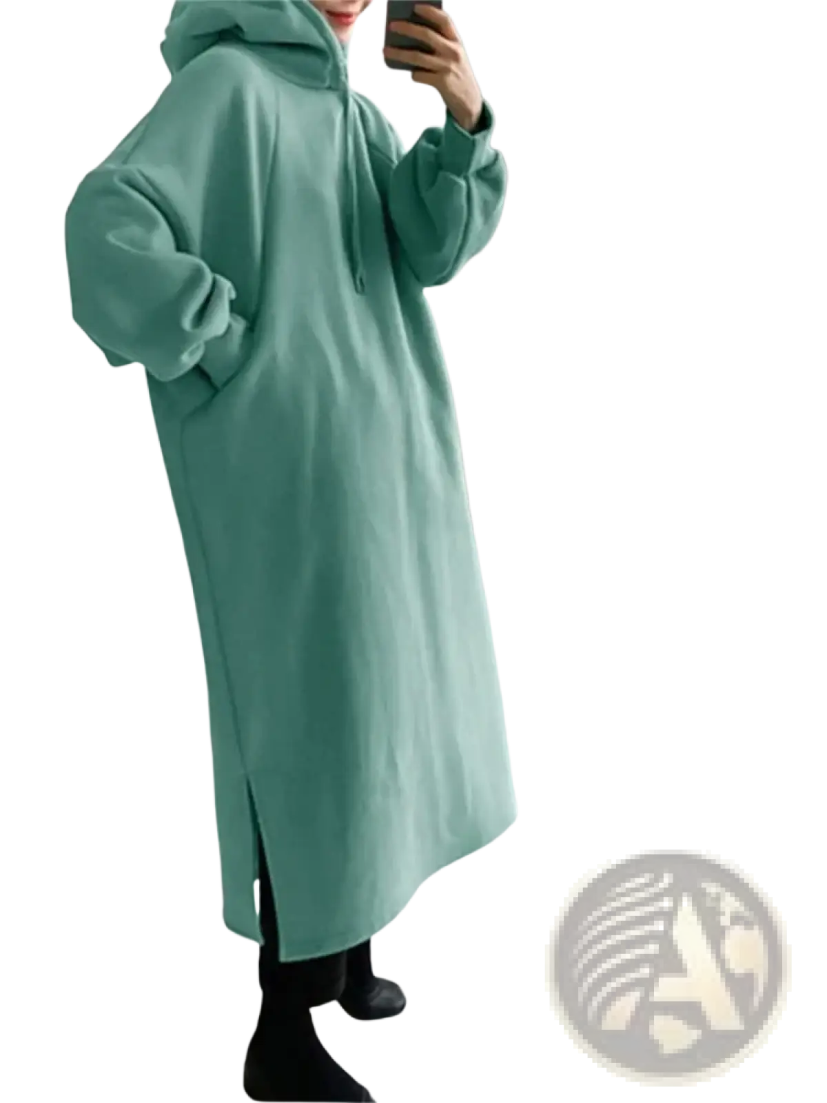 Fleece lined oversized hoodie dress in soft mint green with a relaxed fit hood and side slit for comfort