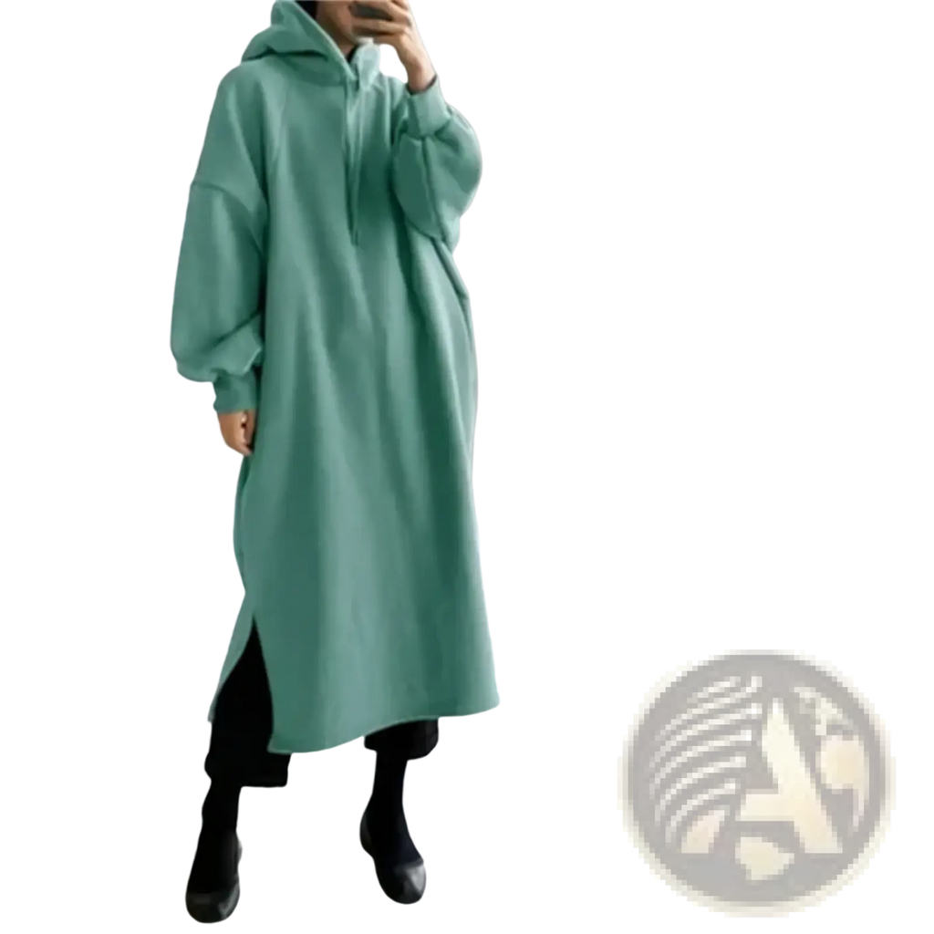 A soft mint green fleece lined oversized hoodie dress with a front slit and relaxed fit for casual wear