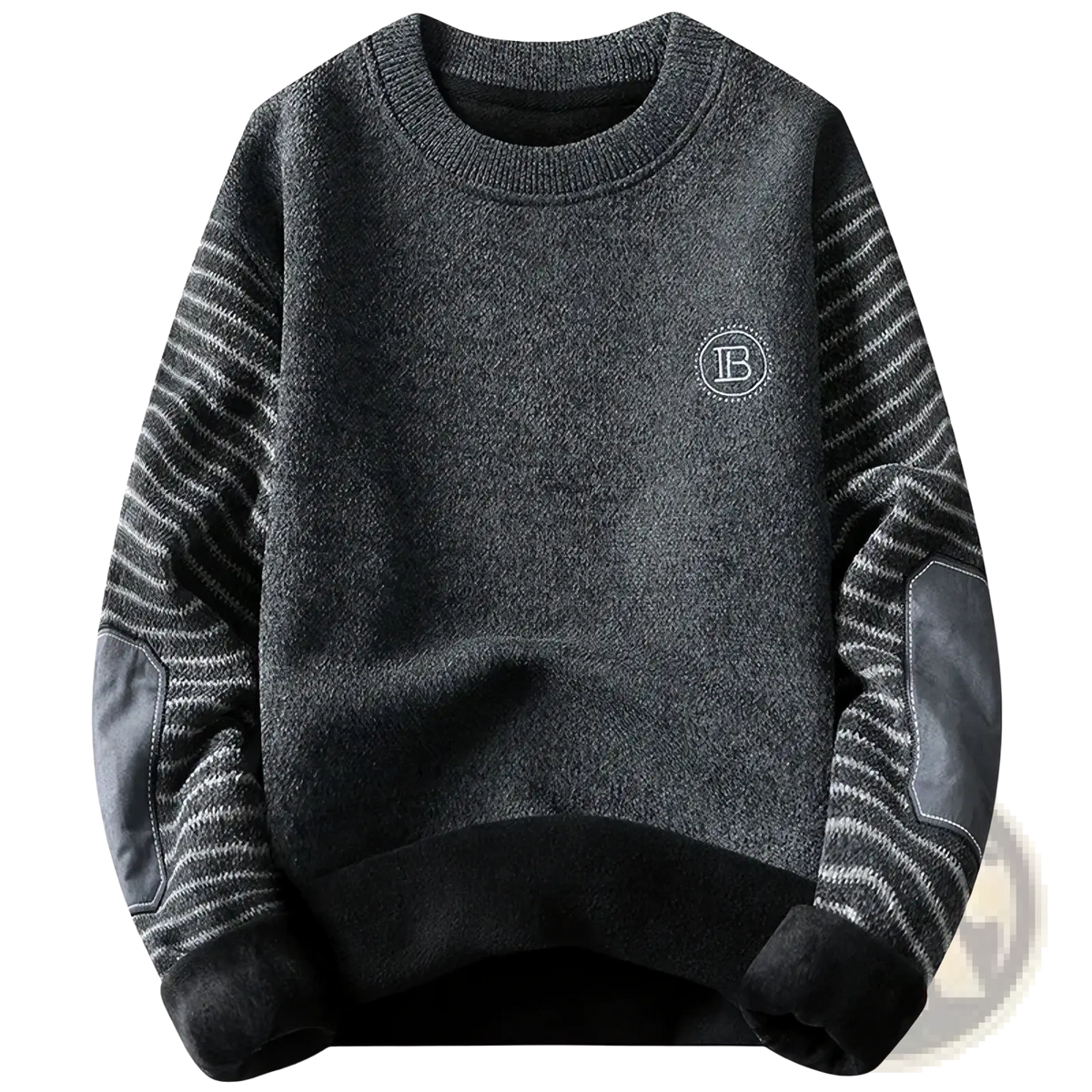 Dark gray fleece lined patchwork mens winter sweater with striped knit sleeves and faux leather elbow patches