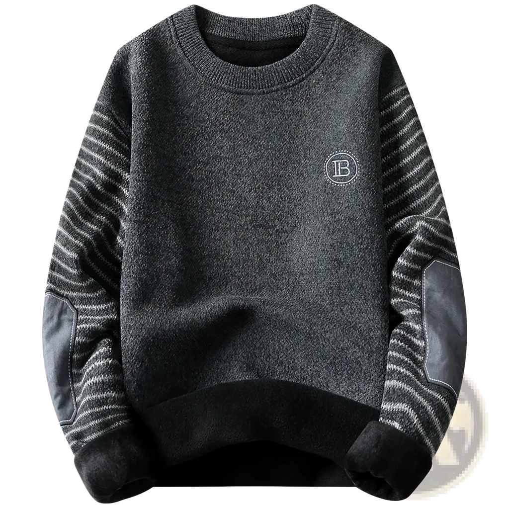 Dark gray fleece lined mens winter sweater with striped knit sleeves and faux leather elbow patches