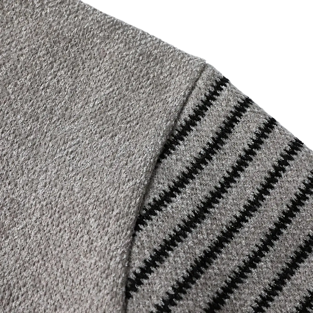 Fleece lined patchwork mens winter sweater in gray knit with black diagonal stripes for cold weather layering