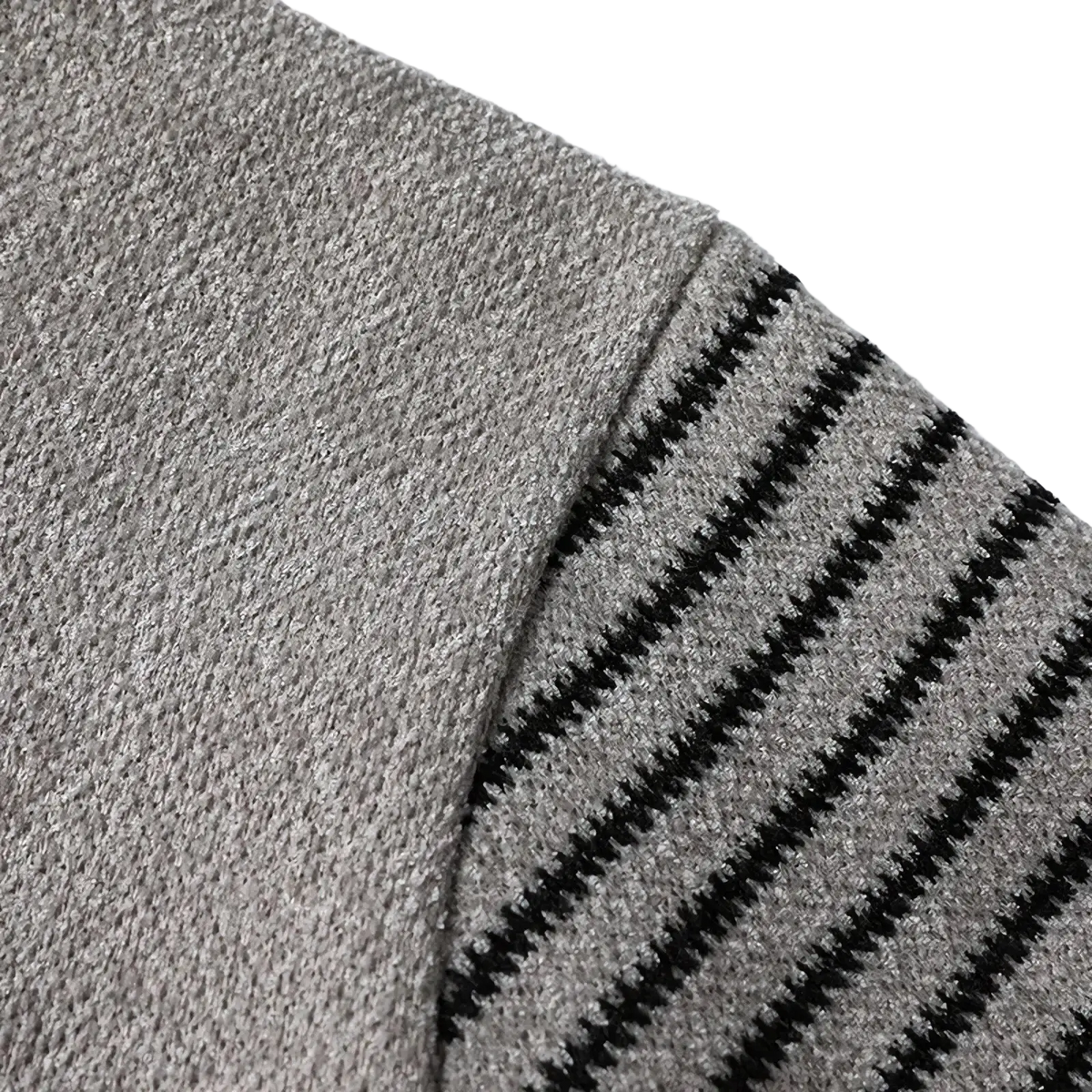 Fleece lined patchwork mens winter sweater in gray knit with black diagonal stripes for cold weather layering