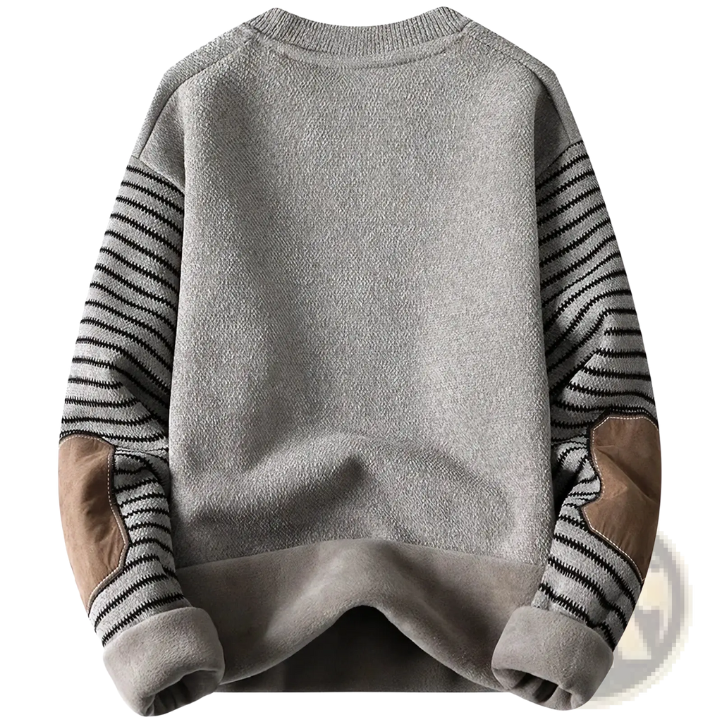 Fleece lined patchwork mens winter sweater in gray knit with black and white striped sleeves and brown leather elbow patches