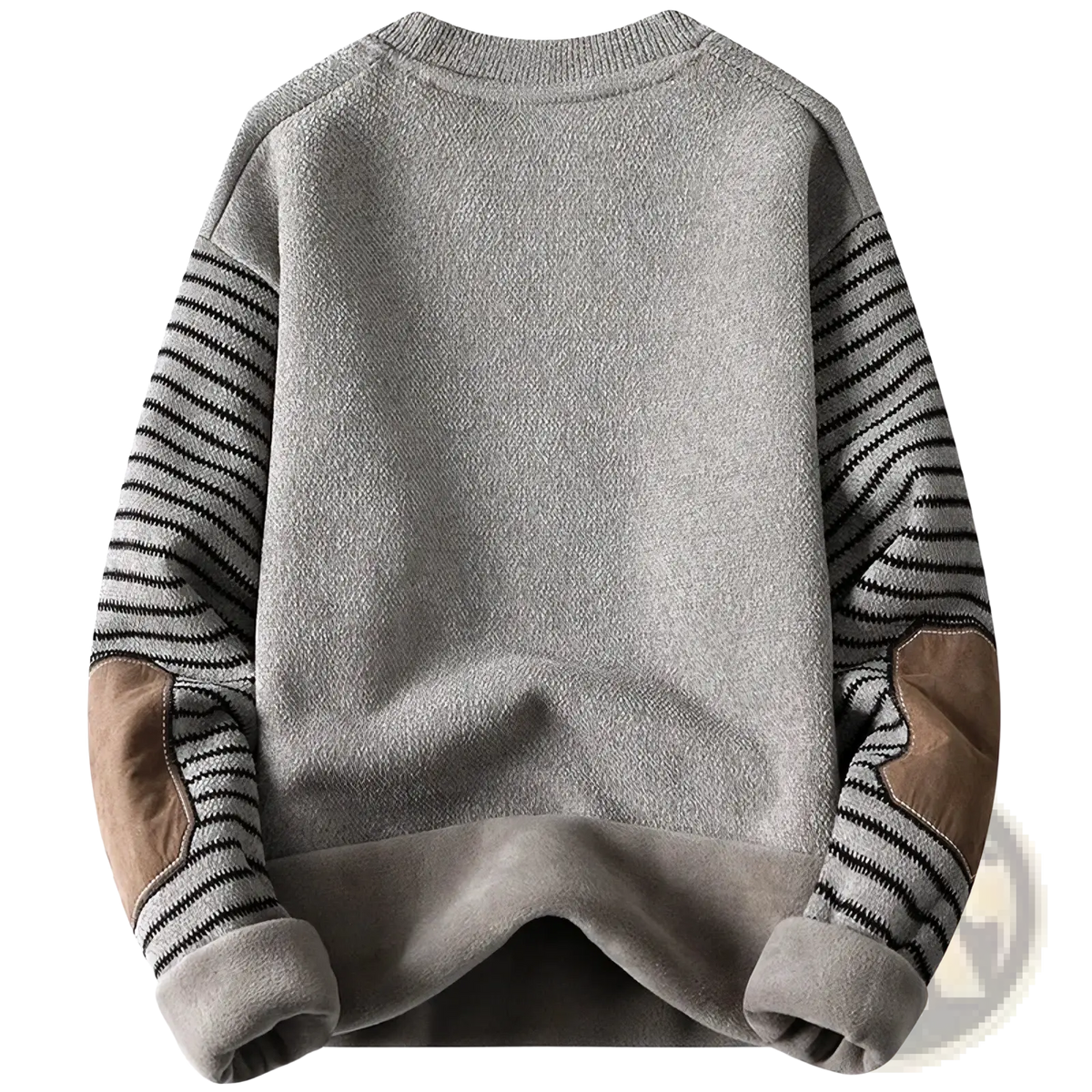 Fleece lined patchwork mens winter sweater in gray knit with black and white striped sleeves and brown leather elbow patches