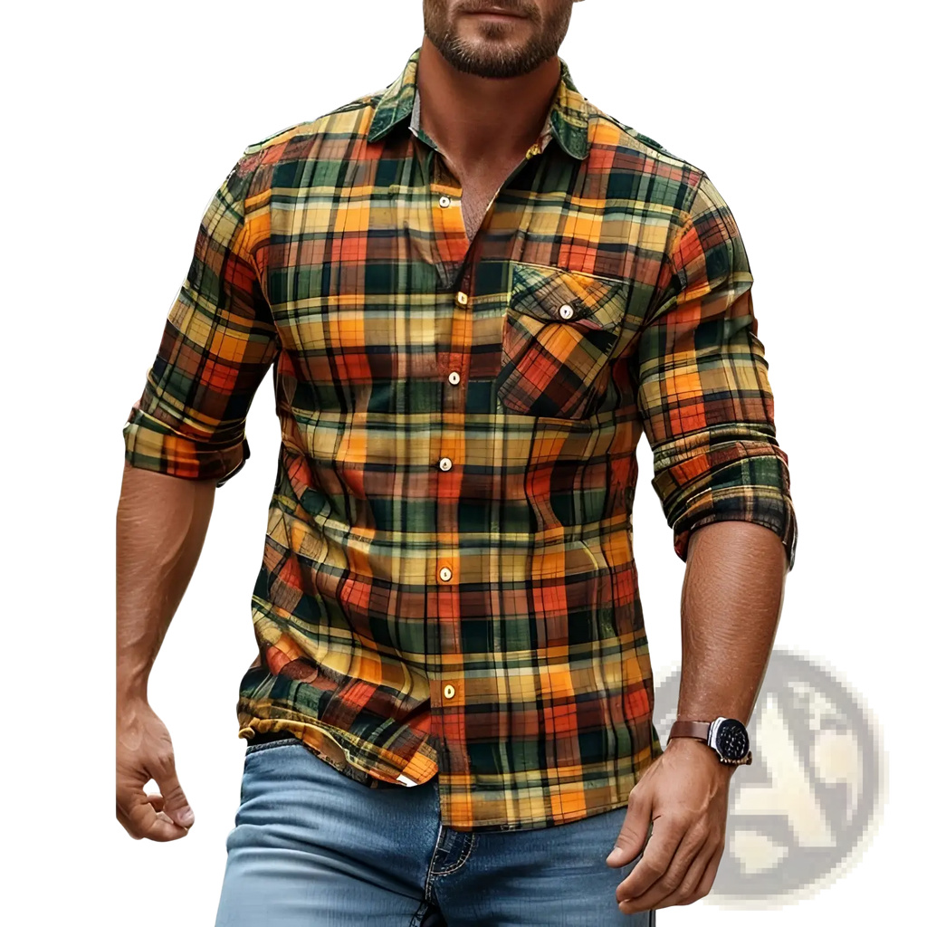 Fleece-lined plaid men’s flannel shirt in orange yellow and green tones with long sleeves and chest pocket