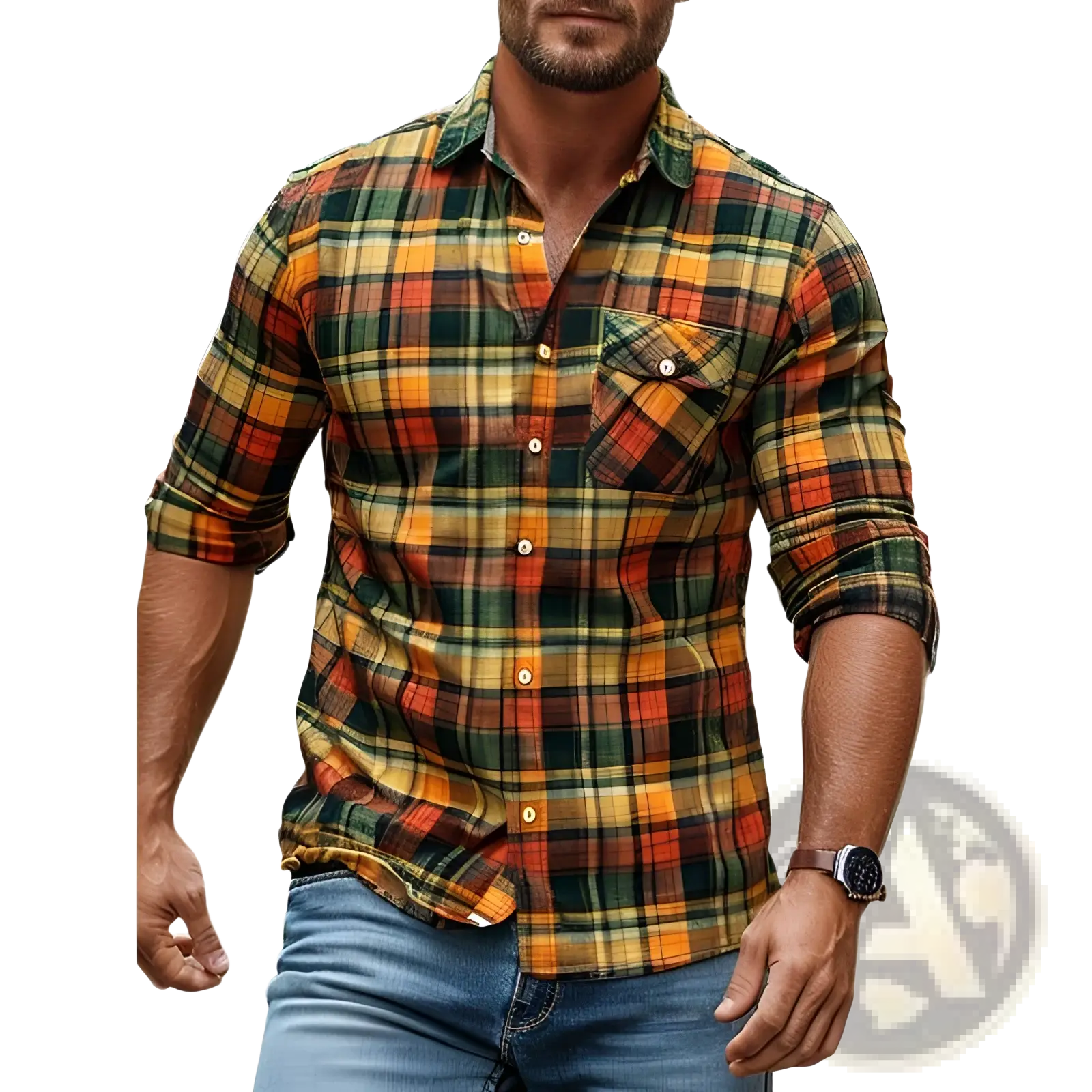Fleece-lined plaid men’s flannel shirt in orange yellow and green tones with long sleeves and chest pocket