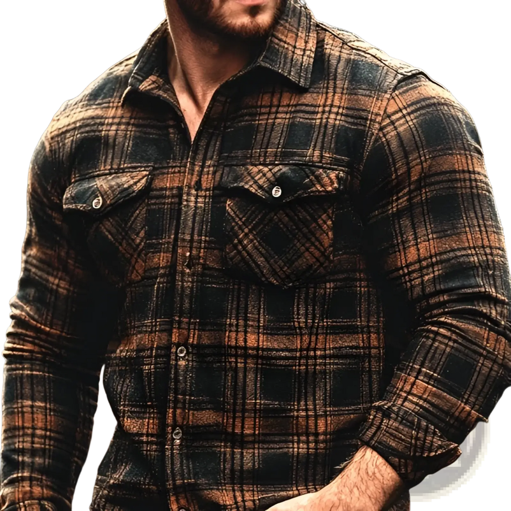Fleece-lined plaid men’s flannel shirt in dark brown and black with buttoned chest pockets made from rugged fabric