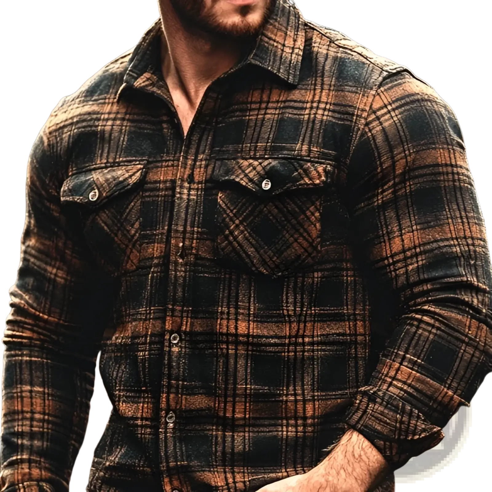 Fleece-lined plaid men’s flannel shirt in dark brown and black with buttoned chest pockets made from rugged fabric