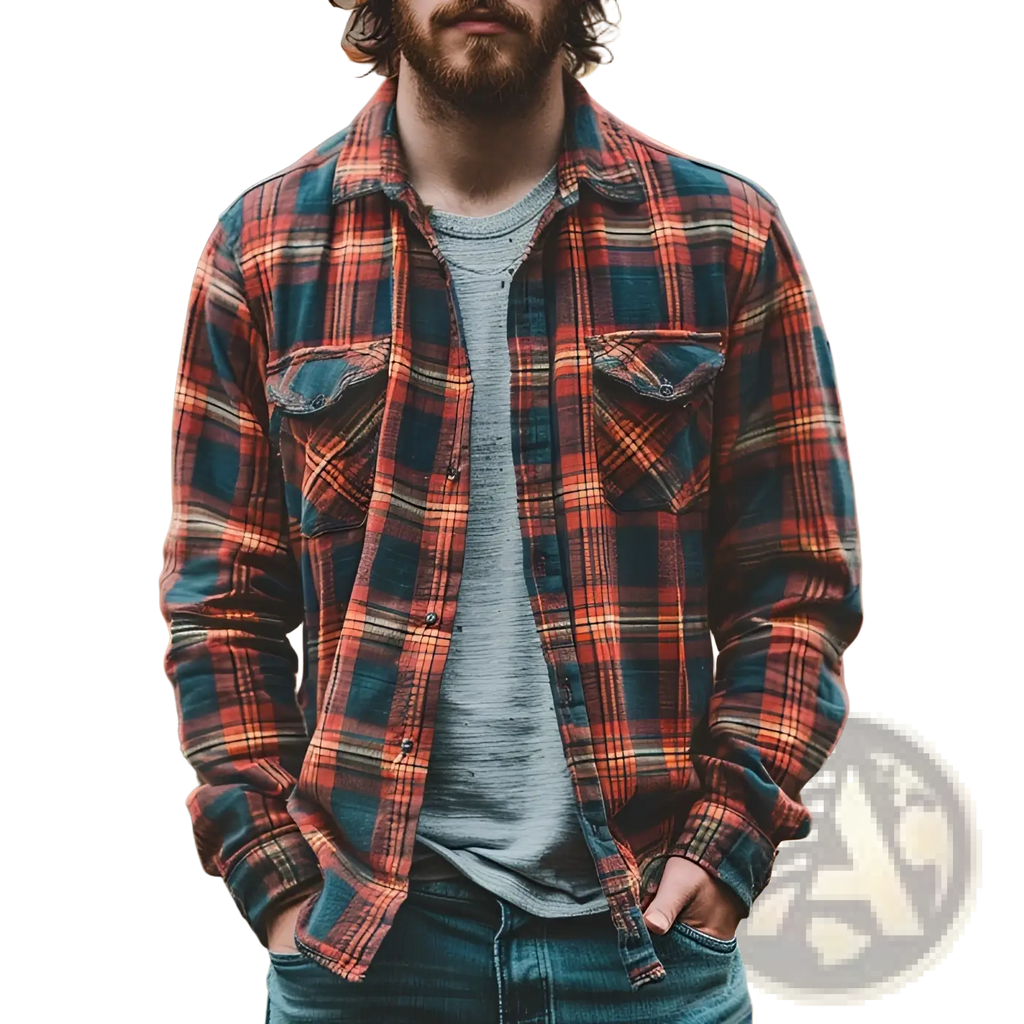 A man wearing a fleece-lined plaid men’s flannel shirt in red and teal with two chest pockets