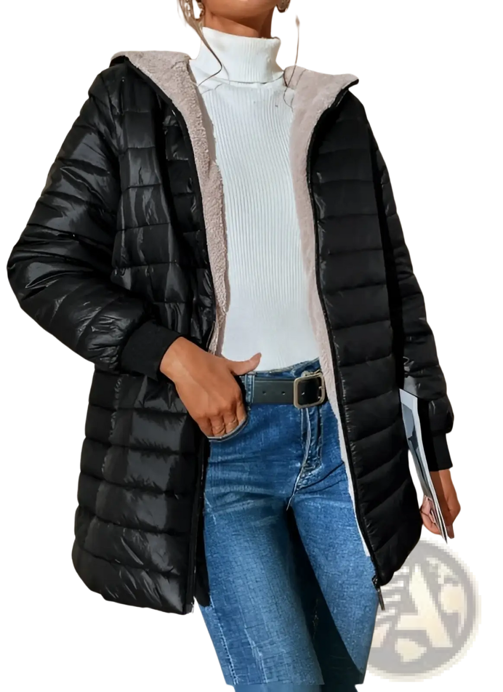 Black quilted fleece lined puffer coat with plush beige lined hood for cold weather warmth and comfort