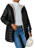 Black quilted fleece lined puffer coat with plush beige lined hood for cold weather warmth and comfort