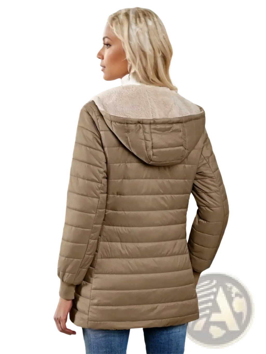 Beige fleece lined puffer coat with quilted design and plush light gray shearling lined hooded collar