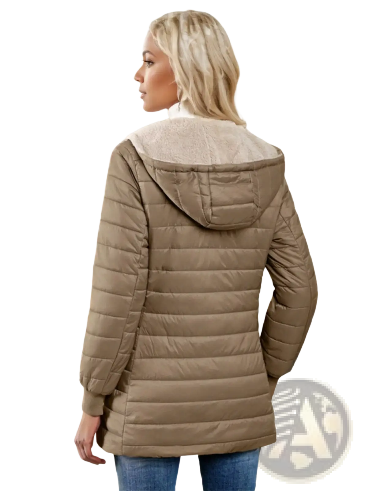 Beige fleece lined puffer coat with quilted design and plush light gray shearling lined hooded collar