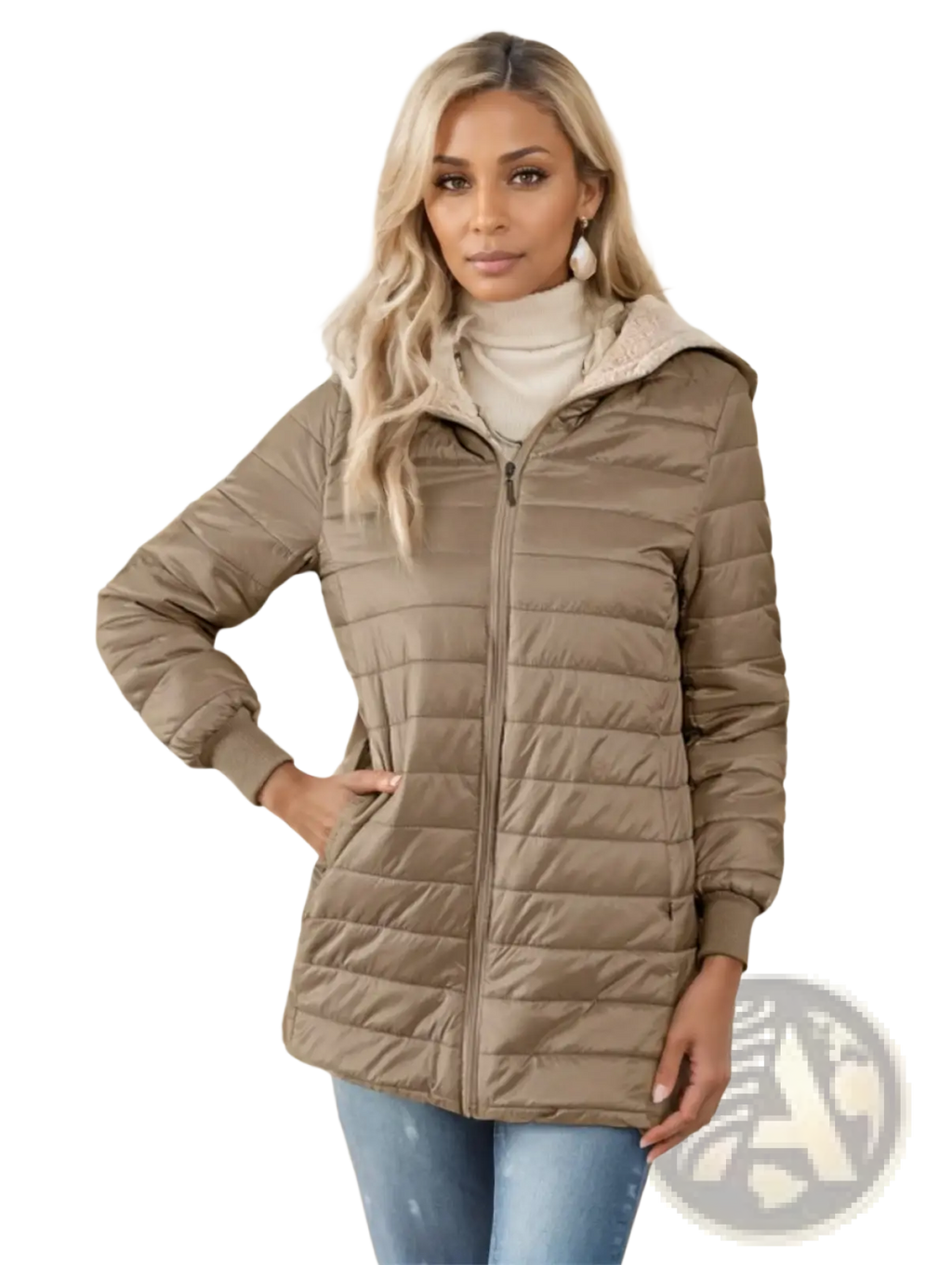 Beige quilted fleece lined puffer coat with a soft fleece lined hood for warmth and comfort