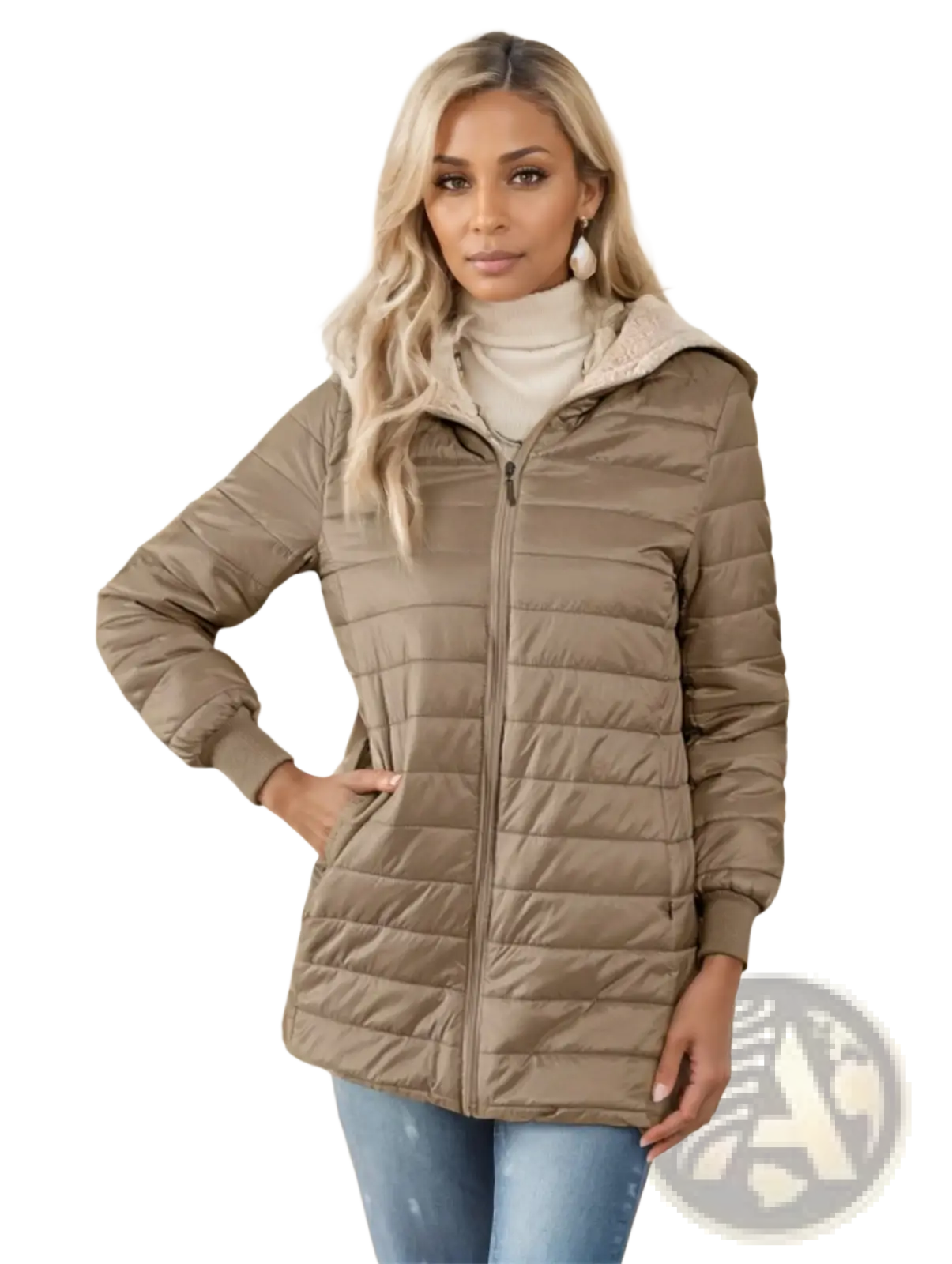 Beige quilted fleece lined puffer coat with a soft fleece lined hood for warmth and comfort