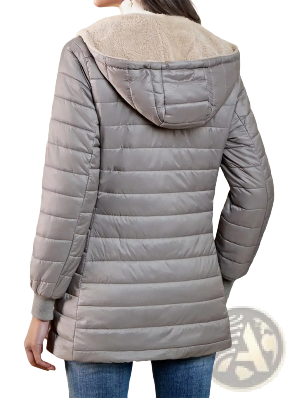 Gray quilted fleece lined puffer coat with plush beige fleece lined hood for warmth and comfort in cold weather