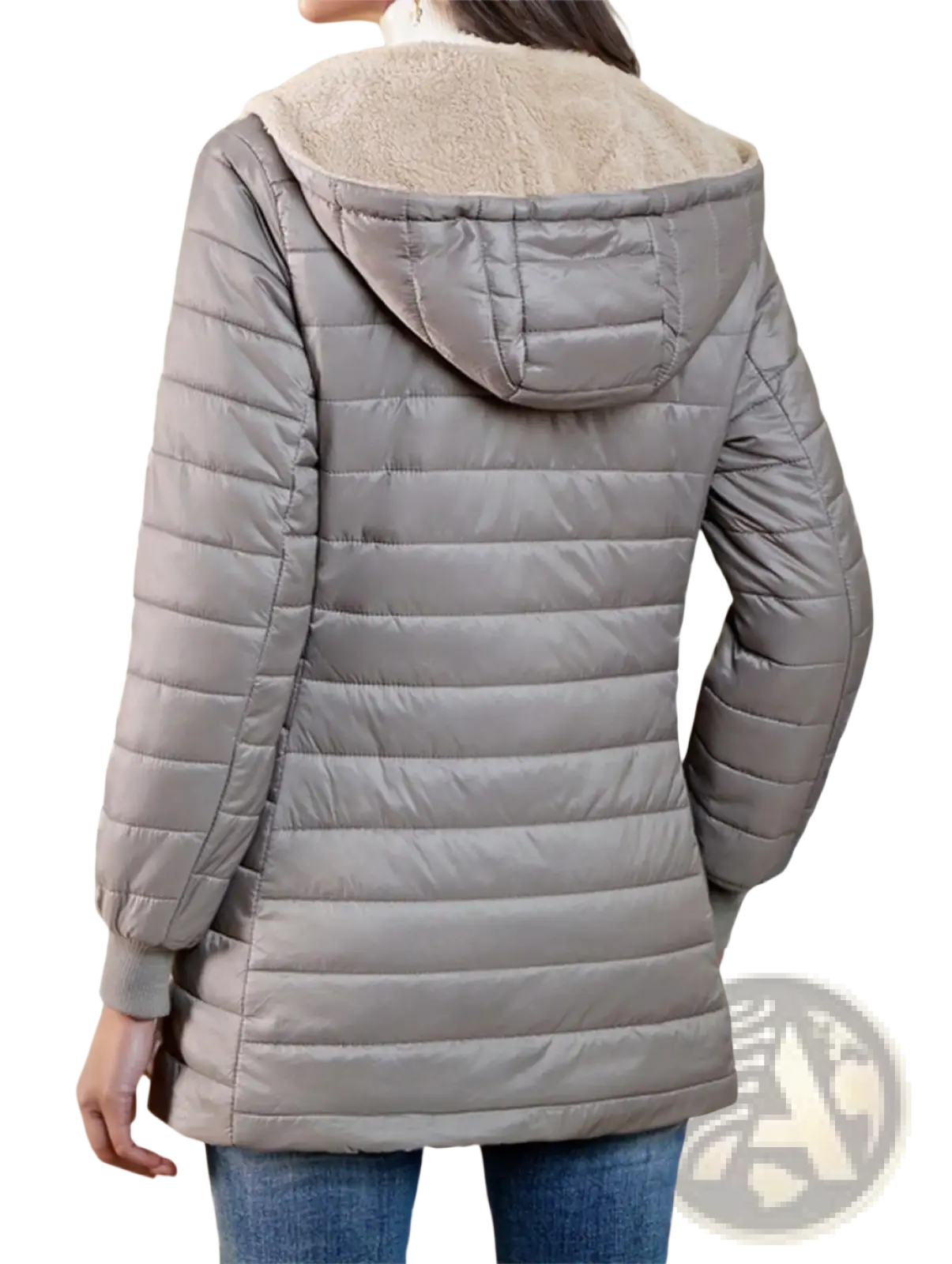 Gray quilted fleece lined puffer coat with plush beige fleece lined hood for warmth and comfort in cold weather