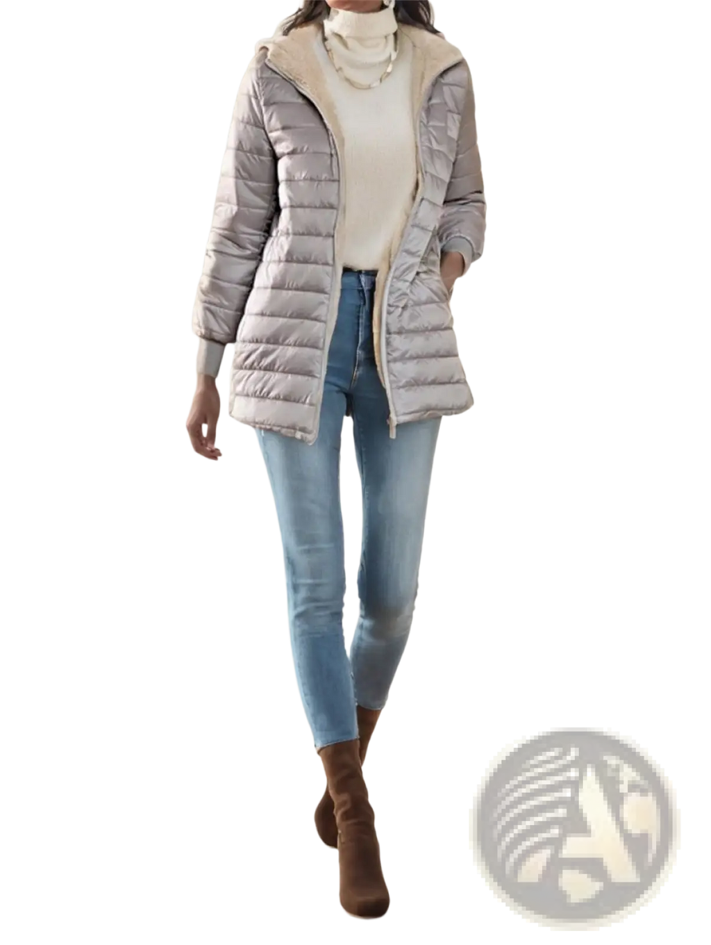 A light gray fleece lined puffer coat featuring quilted design and soft beige hood lining for warmth and comfort